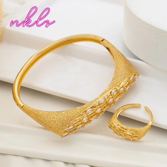 Arab Zircon Cuff Bangle & Ring Set, Luxury Copper Vintage Bracelet for Women, Color Arm Jewelry Gift, Jewelry Women Set