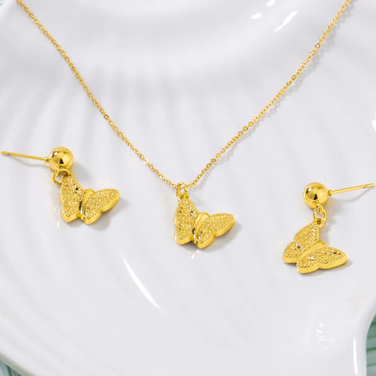 Gold Color Women Earrings Clavicle Chain Set Gold Plated Delicacy Butterfly Shape Pendant Trendy Jewelry Party Wedding Gift