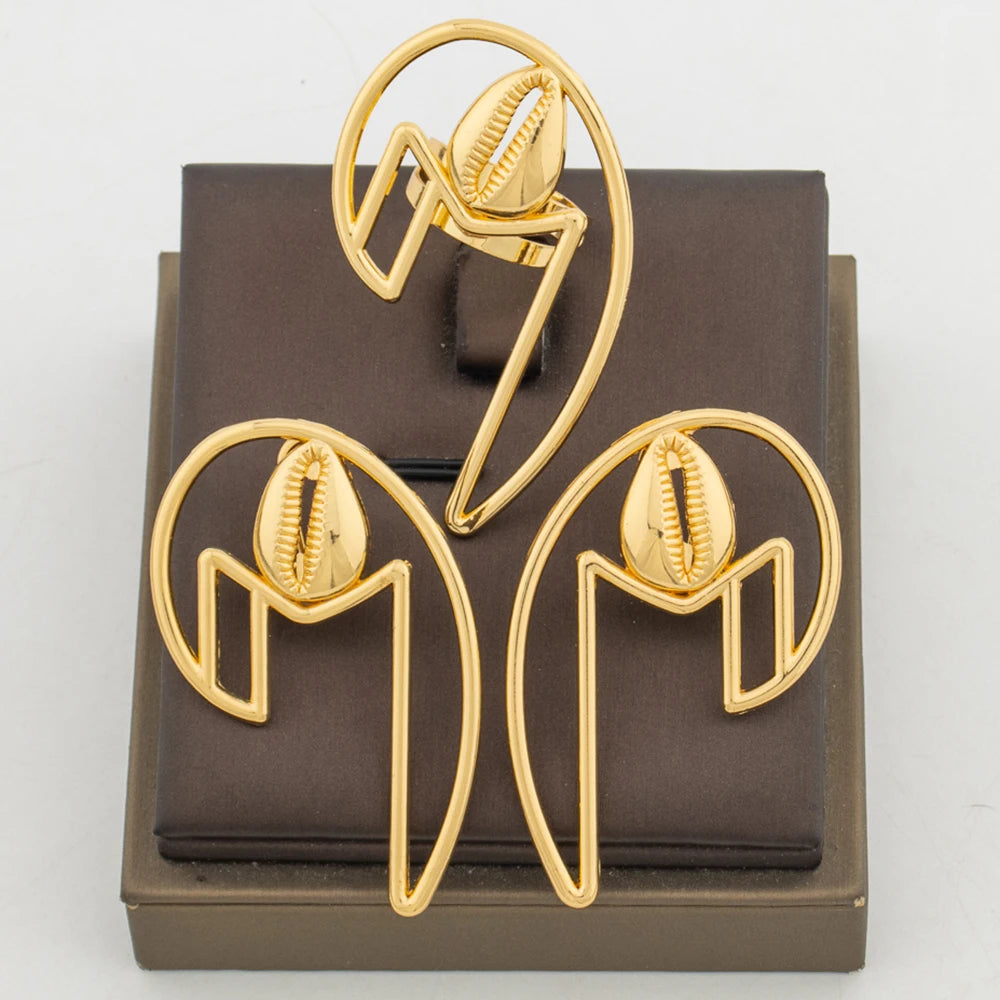 Trend Gold Color Earrings with Ring Set for Party Geometry Design Earrings Cocktail Ring 2Pcs Set for Engagement Party Jewelry