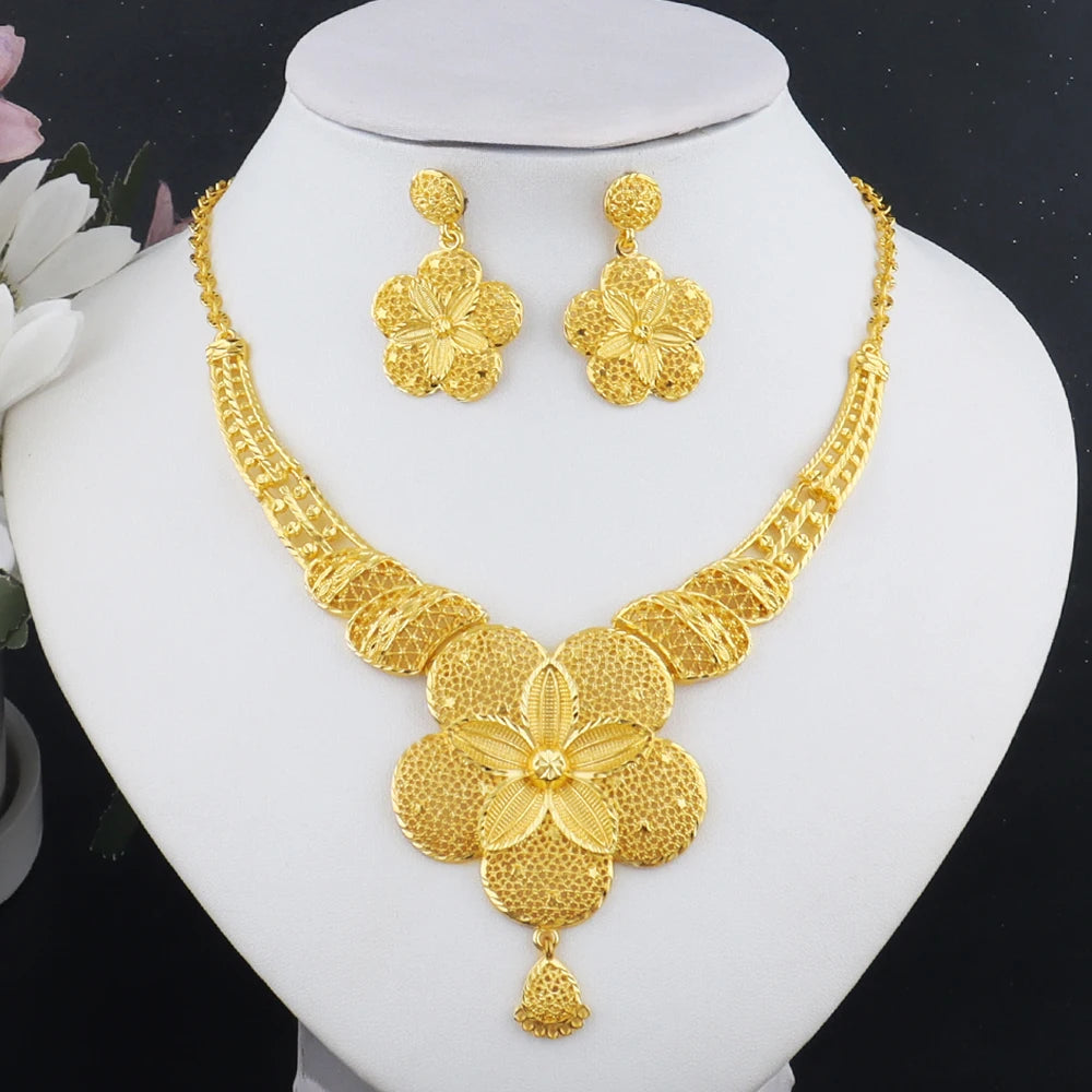Dubai African 24K Gold Plated Flower Necklace Earrings Set for Women Gold Color Party Wedding Banquet Jewelry Jeweler Gift