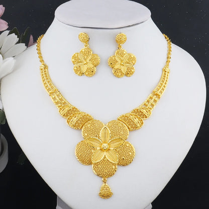 Dubai African 24K Gold Plated Flower Necklace Earrings Set for Women Gold Color Party Wedding Banquet Jewelry Jeweler Gift