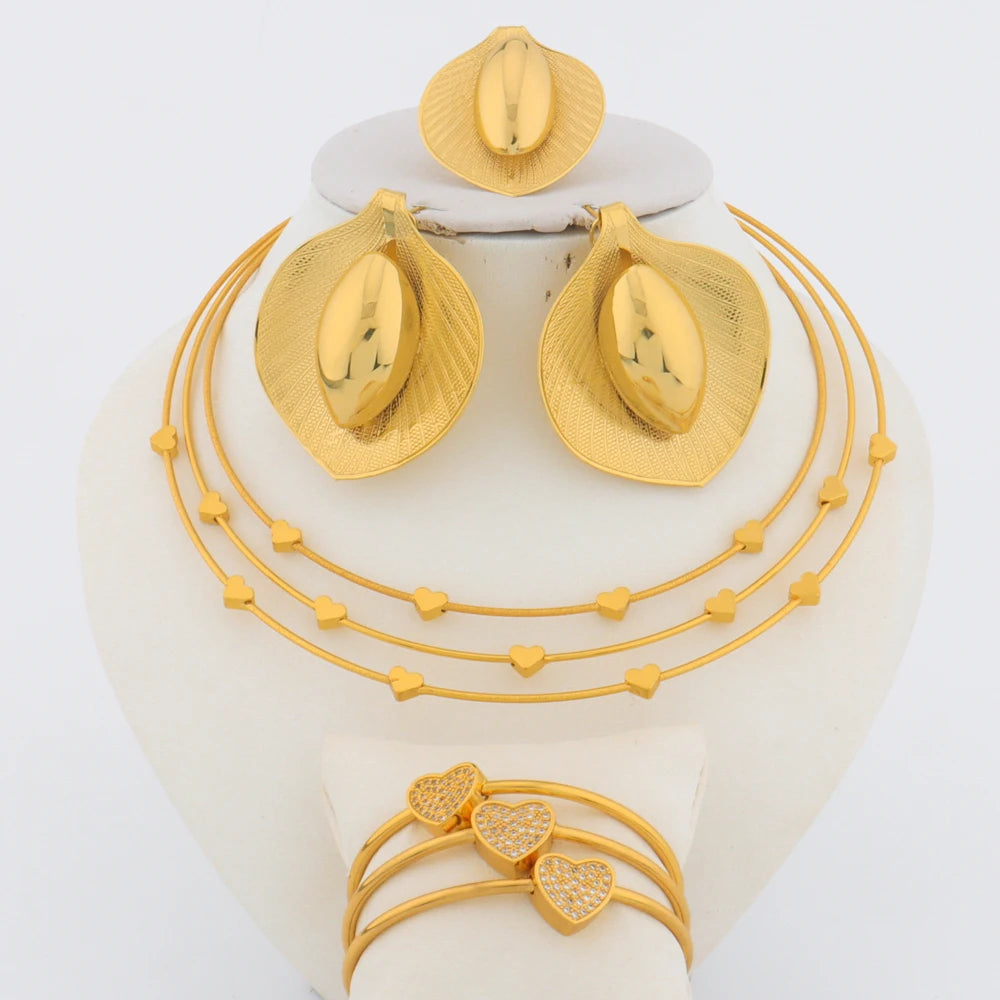 African Love Heart  Jewelry Sets for Women, 4Pcs Earring Set Necklace Bracelet Ring Wedding Party Gift