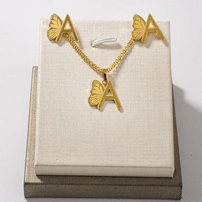 Dainty Butterfly Letters Earring necklace Stainless Steel Jewelry Set For italian Girl Wedding Summer Jewelry Gift