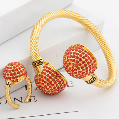 Fashion Colorful Zircon Cuff Bangle Ring Set for Women Dubai Gold Plated Jewelry Set African Wedding Bride Bangle with Ring Gift