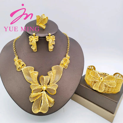 YM Gold Plated Jewelry Set for Women Copper Necklace Earrings Dubai African Party Bridal Wedding Gifts Arabic Cuff Bangles Rings