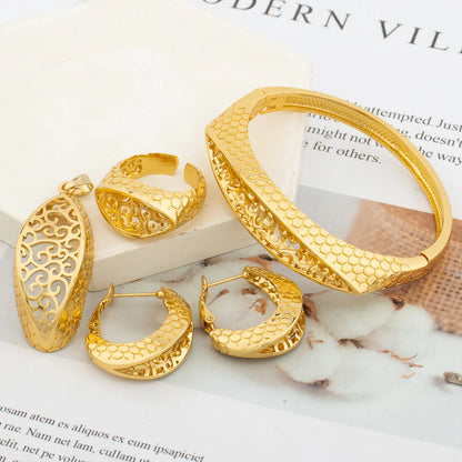 Ethiopian Gold Color Jewelry Set for Women Hollow Out Design Copper Necklace and Earrings Bracelet Ring Set for Engagement Gifts