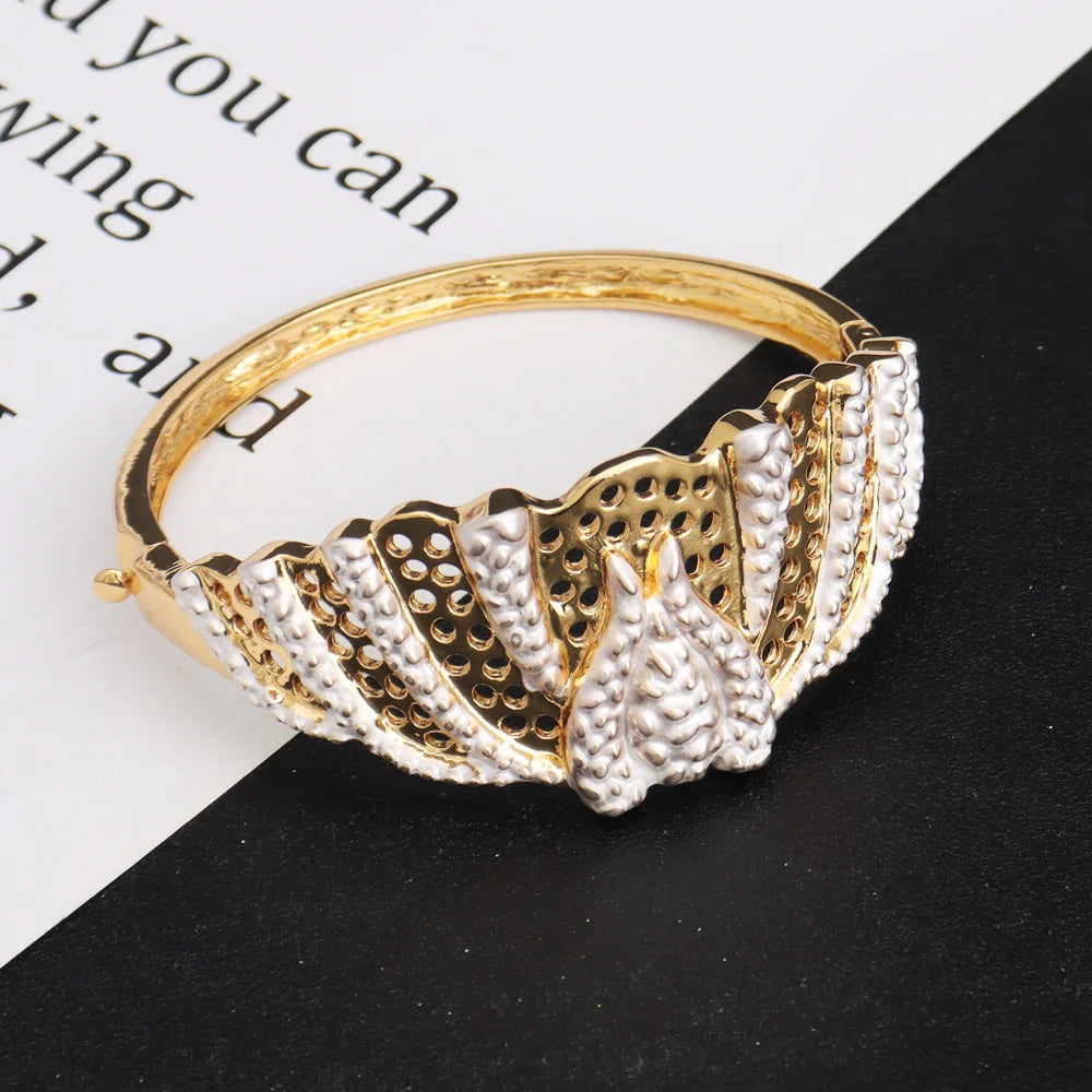 Dubai Mermaid Tail 4Pcs Jewelry Set, Hollow Earrings & Necklace Bangle Ring for Women, Luxury Africa Wedding Party Gift