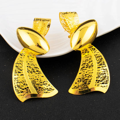 18K Gold Tone Water-Drop Ribbon Necklace & Earrings Set, Dubai Arab Luxury Waterproof Jewelry for Women, Party Wedding Jewellery