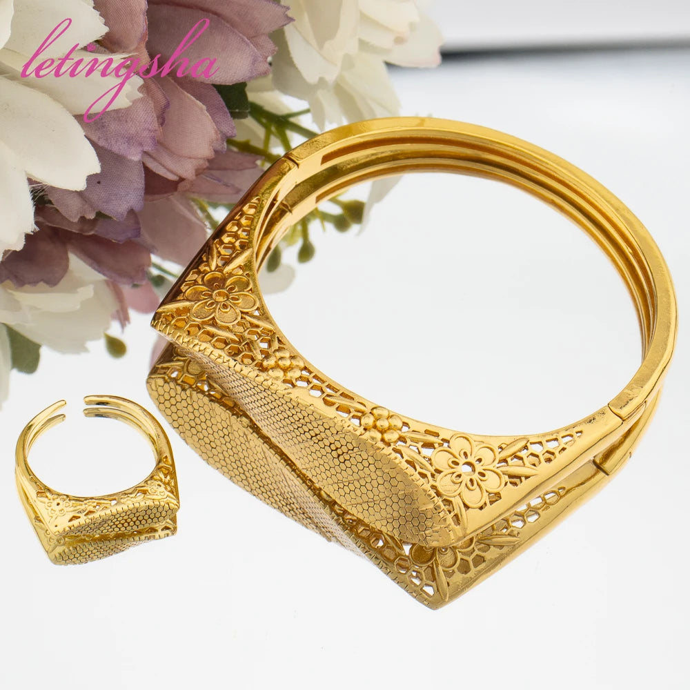 Geometry Design Bangle with Ring 2pcs Set African Classic 18k Gold Color Bracelet Ring Set for Ladies Birthday Gifts