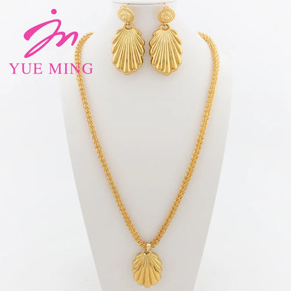 YM 2PCS Jewelry Sets for Women 80CM Copper Necklace Earrings Shell Pendant Gold Plated Luxury Nigeria Dubai Jewelry Accessories