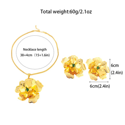 Dubai Luxury Flower Shape Women Jewelry Nigeria Wedding Zircon Collection Earrings Gold Color Bridal Necklace Pendant For Party