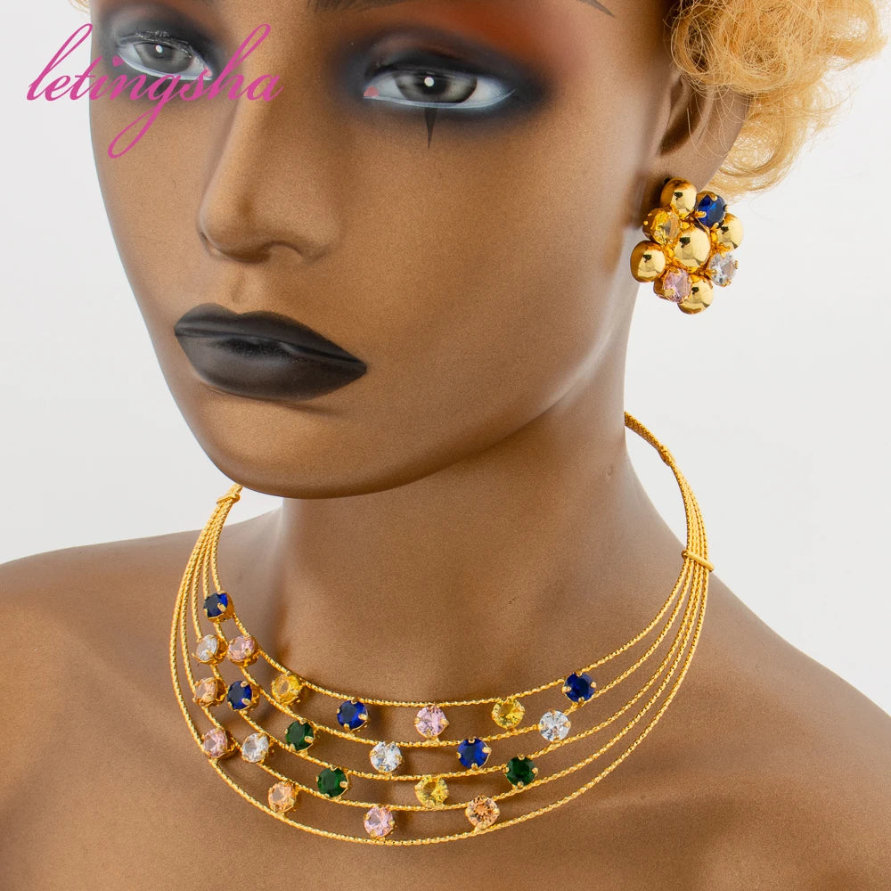 African Colorful Zircon Inlay Necklace Clip Earrings Cuff Bangle Ring Set Luxury Gold Color Jewelry Set for Women Weddings Party