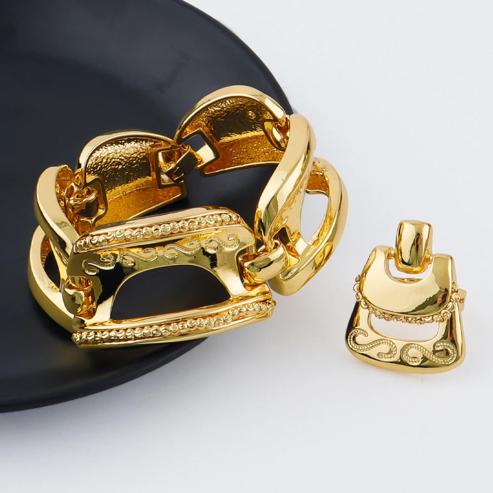 New Exaggerate Jewelry Set Dubai Gold Color Big Necklace Earrings Bracelet Ring Sets Bridal 24k Gold Plated Jewellery Gifts