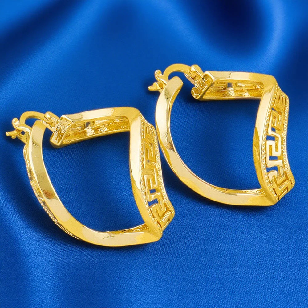 Fancy Hollow Out Pattern Hoop Earrings 18K Gold Plated Jewelry Vintage Simple Style Suitable Modern Fashion Girls Ear Jewelry