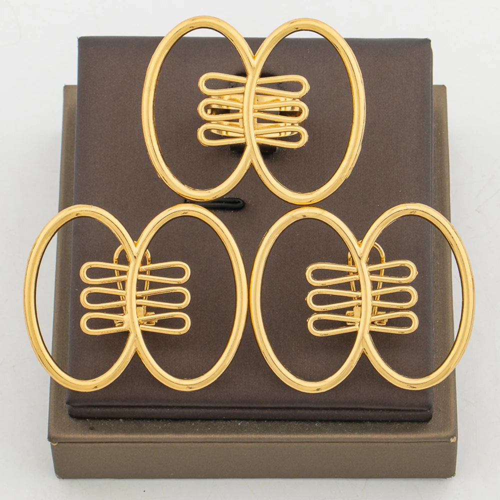 Trend Gold Color Earrings with Ring Set for Party Geometry Design Earrings Cocktail Ring 2Pcs Set for Engagement Party Jewelry