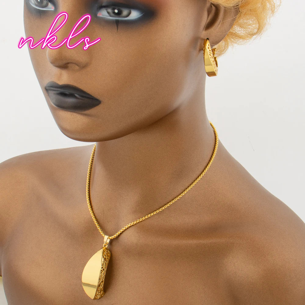 Tone Dubai Necklace Hoop Earrings Ring Bracelet Pendant Set for Women, African Jewelry Gift, Elegant Jewelry Women Set