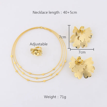 African Luxury Brilliant Flower Shaped Necklace Ring Earrings For Women 2025 New Style Fashion Design Jewelry Set For Party