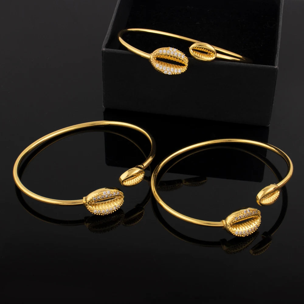 Gold Color Cuff Bangle Set for Nigeria Women Zircon Charm Bangle Shell Shape Hand Bracelet Jewelry Set Accessories wholesale