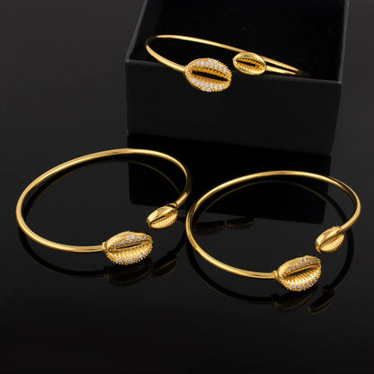 Gold Color Cuff Bangle Set for Nigeria Women Zircon Charm Bangle Shell Shape Hand Bracelet Jewelry Set Accessories wholesale