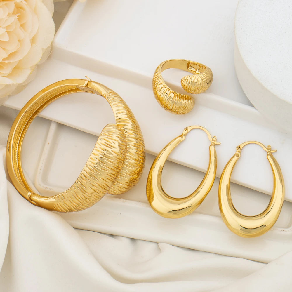 Luxury Dubai Gold Plated Bracelet Ring Copper Earrings Bangle Italy France Women Adjustable Ring Exquisite Wedding Jewelry