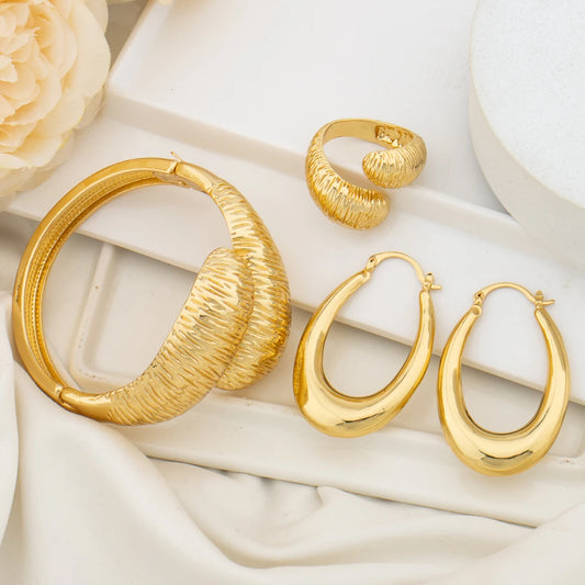 Luxury Dubai Gold Plated Bracelet Ring Copper Earrings Bangle Italy France Women Adjustable Ring Exquisite Wedding Jewelry