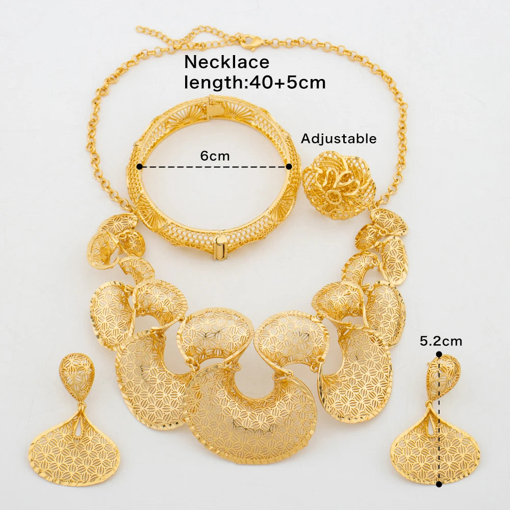 Dubai Design Big Pendant Jewelry Set Women African Luxury Gold Plated Necklace Earrings Bangle Ring 2024 Trend Banquet Jewelry