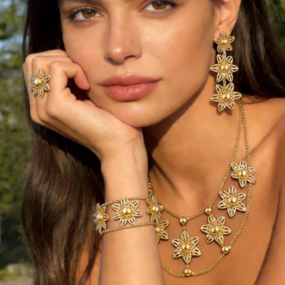 eastern luxury flower earrings necklace bracelet ring jewelery fashion golden women 24K Gold-Plated jewelery
