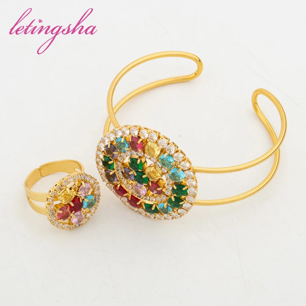 Dubai Jewelry Set for Women Fashion Colored Zircon Pendant Earrings Cuff Bangle Ring Luxury Gold Color Necklace Set Party Gift