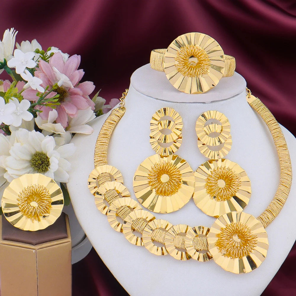 Bridal Jewelry Set for Nigerian Wedding | Gold Plated Necklace Earrings Ring Bangle Dubai Indian Party Gift for Women