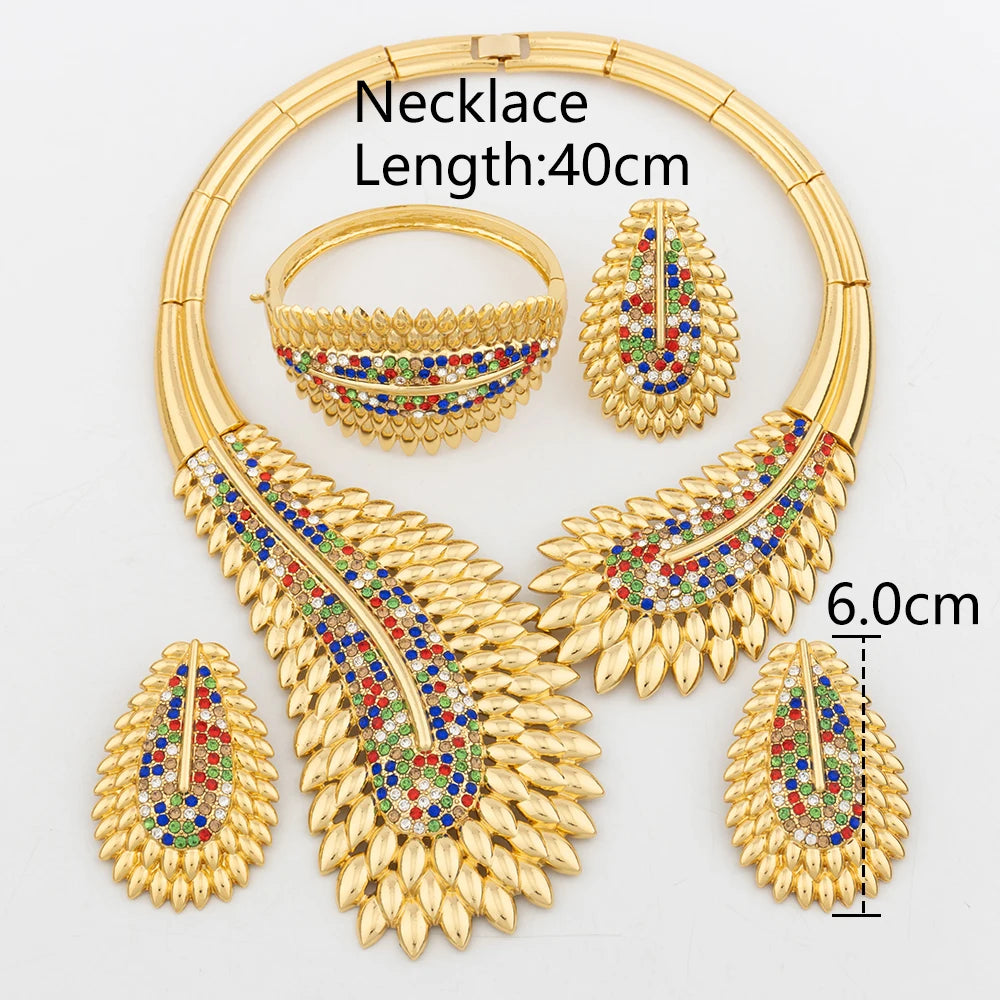 Italian Plated Jewelry Set for Women - Large Color Lady Necklace Earrings Bracelet Ring - High Quality Wedding Jewelry