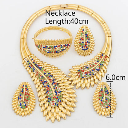 Italian Plated Jewelry Set for Women - Large Color Lady Necklace Earrings Bracelet Ring - High Quality Wedding Jewelry