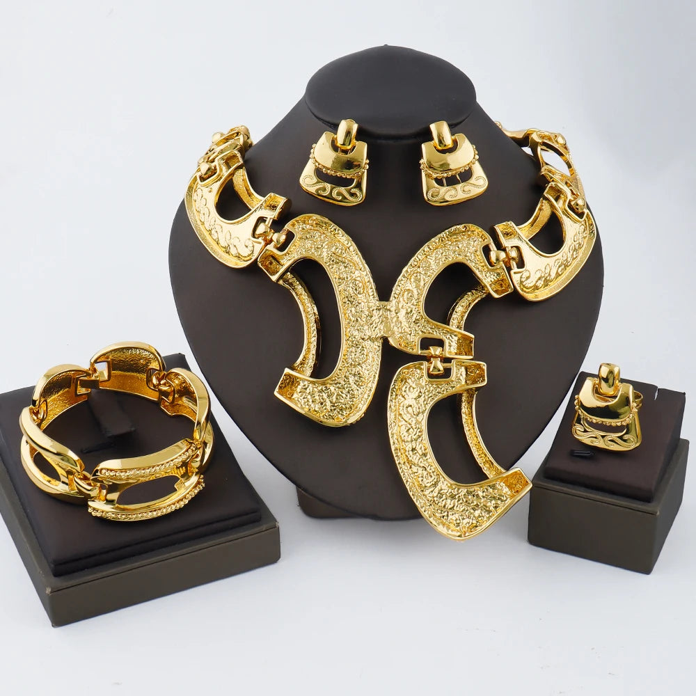 New Exaggerate Jewelry Set Dubai Gold Color Big Necklace Earrings Bracelet Ring Sets Bridal 24k Gold Plated Jewellery Gifts