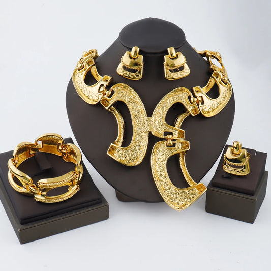 New Exaggerate Jewelry Set Dubai Gold Color Big Necklace Earrings Bracelet Ring Sets Bridal 24k Gold Plated Jewellery Gifts