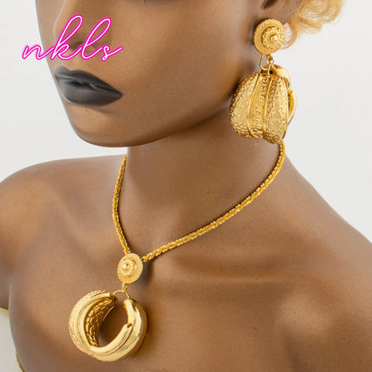 African Jewelry Set for Women Gold Color Necklace Earrings Drop Earrings Necklace Banquet Bride Bangle Ring Set Daily Wear