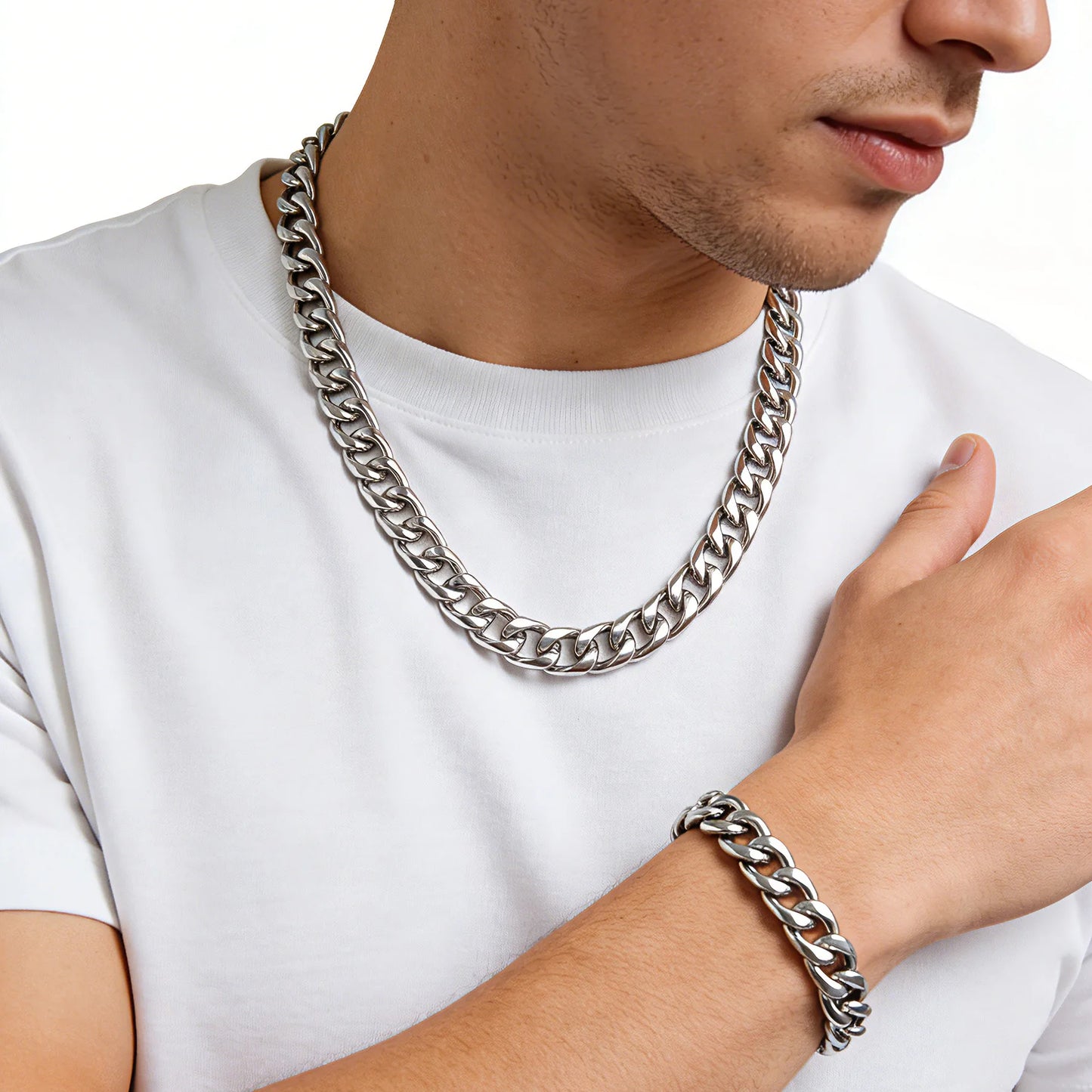 Classic Cuban Chain Set Necklace and Bracelet 2Pieces Set for Men and Women Suitable for Any Occasion