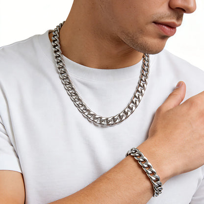 Classic Cuban Chain Set Necklace and Bracelet 2Pieces Set for Men and Women Suitable for Any Occasion