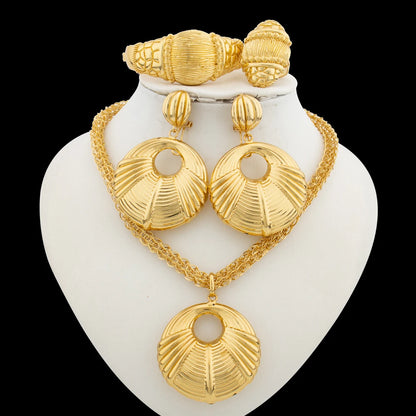 Trend Bridal Jewelry Set for Women Dangle Earrings and Pendant Necklace Gold Color Bangle Ring Set for Engagement Party Jewelry