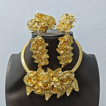 Luxury Noble Gold Plated Necklace Earring Ring Bracelet Set for Women Complex Design Jewelry Set Gift for Party Wedding