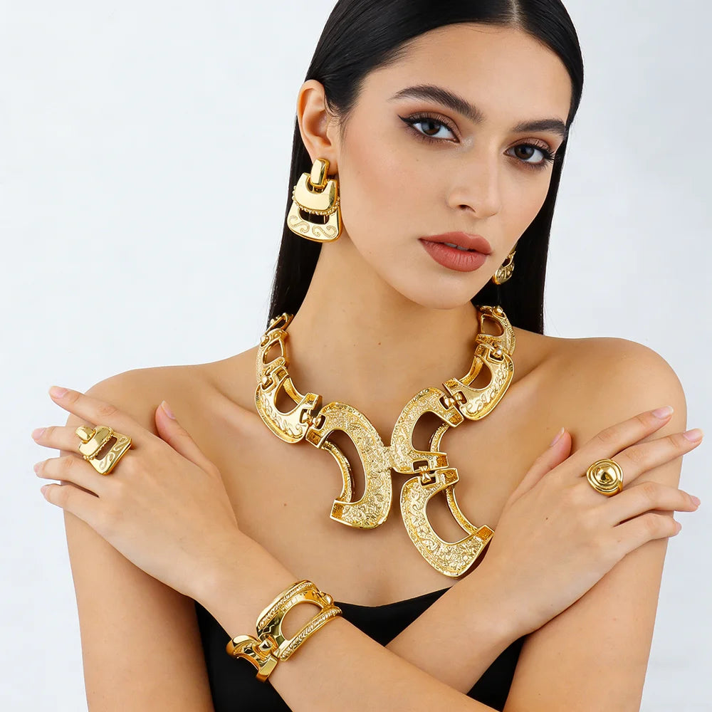 New Exaggerate Jewelry Set Dubai Gold Color Big Necklace Earrings Bracelet Ring Sets Bridal 24k Gold Plated Jewellery Gifts