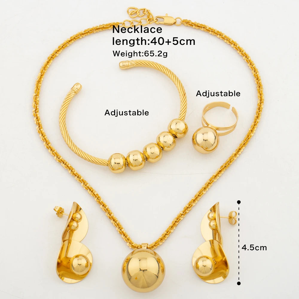 Fashion Women Beads Jewelry Set for Party 18k Gold Color Pendant Necklace and Earrings Brazilian Cuff Bangle Ring Set Party Gift