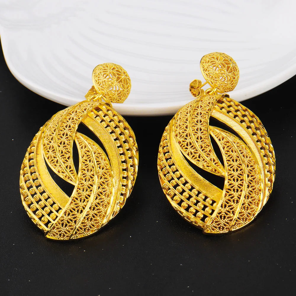 Elegant Nigerian Gold-Tone 3-Piece Jewelry Set for Women – Dubai-Inspired Egg-Shaped Necklace, Noble Stud Earrings & Luxury Rin