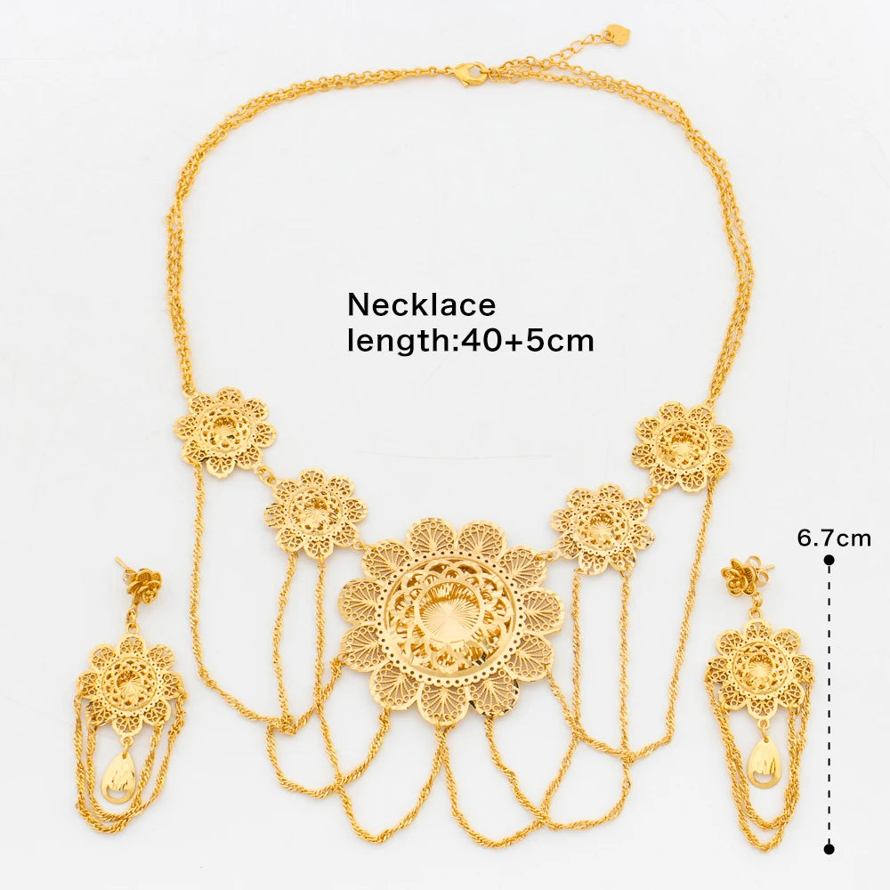 Ethiopian Earrings with Necklace Jewelry Set for Party 18k Gold Color Dangle Earrings Luxury Necklace Bride Set for Engagement