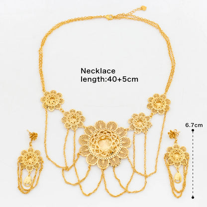 Ethiopian Earrings with Necklace Jewelry Set for Party 18k Gold Color Dangle Earrings Luxury Necklace Bride Set for Engagement