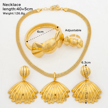 Fashion Women Gold Color Jewelry Set for Engagement Dangle Earrings and Pendant Necklace African Bangle Ring Set Jewelry Gifts