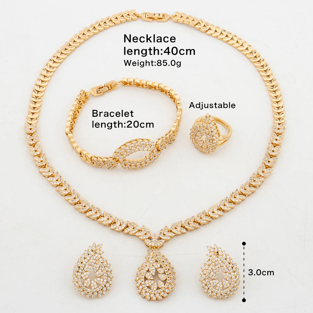 New Wedding Jewelry Set for Women Saudi Arab 4PCS Zirconia Bridal Gold Color Necklace Earrings Christmas Valentine's Party Gift