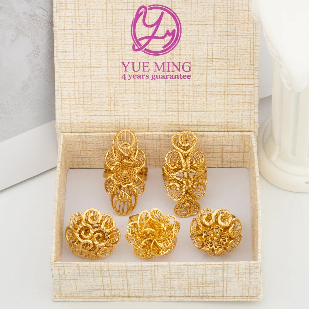 Italian Gold Plated Jewelry Set Unique Finger Ring Women Big Style Flower Elegant Rings Jewellery Sets Adjustable Ring Gifts