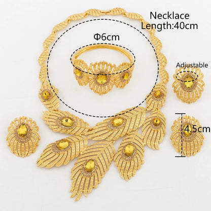 4PCS Feather Jewelry Set for Women White Zircon Bridal Jewellery Luxury Necklace Elegant Earrings Daily Wear Charm Bracelet Ring