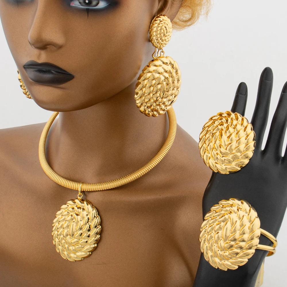 Dubai Big Drop Earrings Necklace Jewelry Set for Women Ethiopia Bridal African Gold Plated Bangle Ring 4PCS Set Banquet Gift