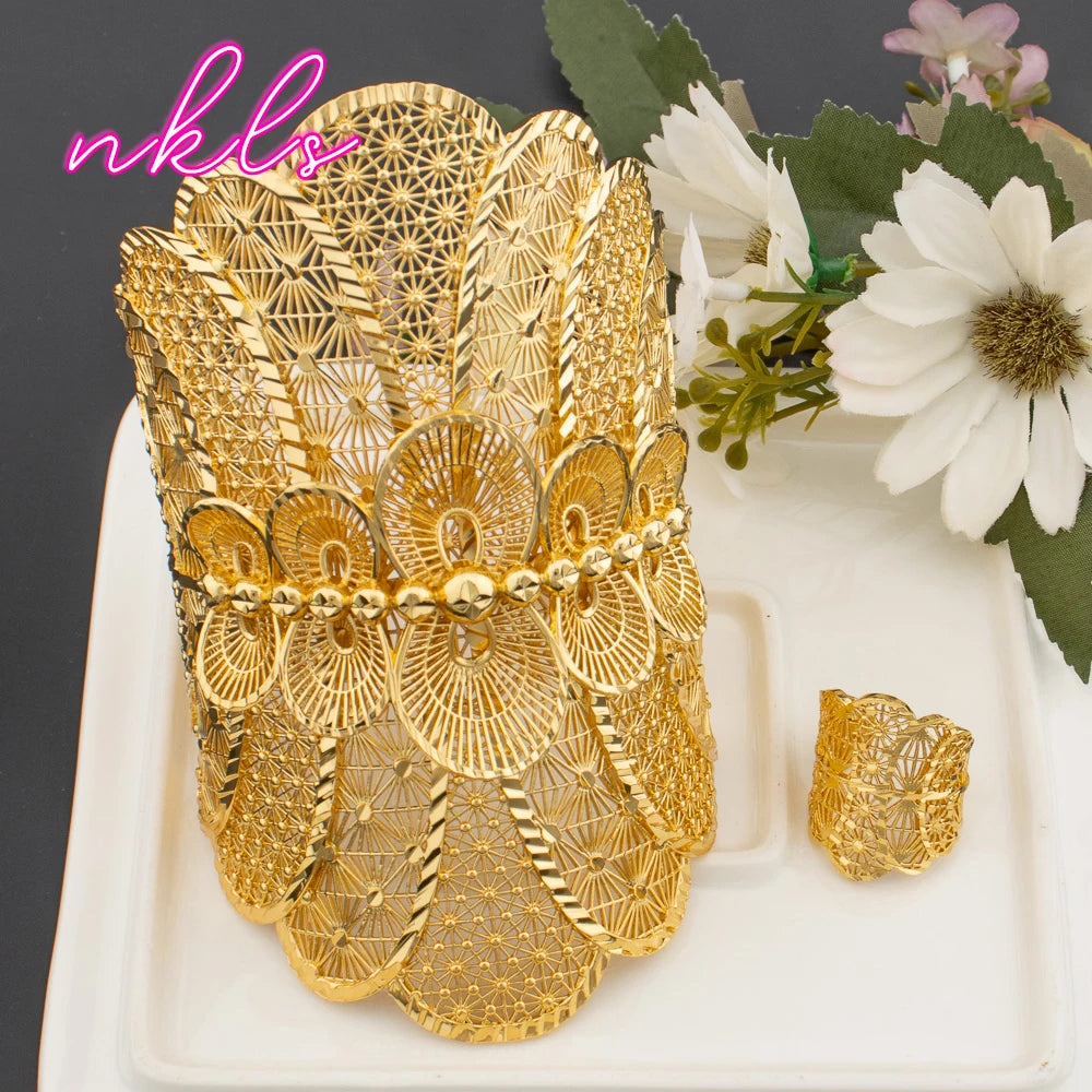 Luxury 18K Gold Big Cuff Bangle & Flower Ring Jewelry Set for Women, Dubai Bridal Wedding Earrings Set