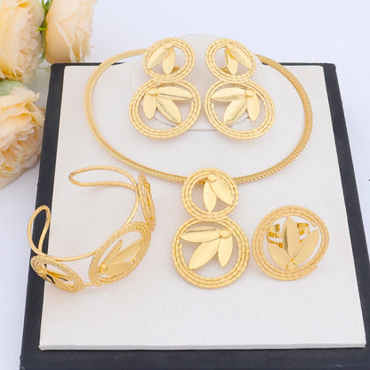 Classic Clover Gold Plated Jewelry Gift Necklace Earrings Bracelet Ring Set for Women Girl Bride Charm Bangle for Party Wedding